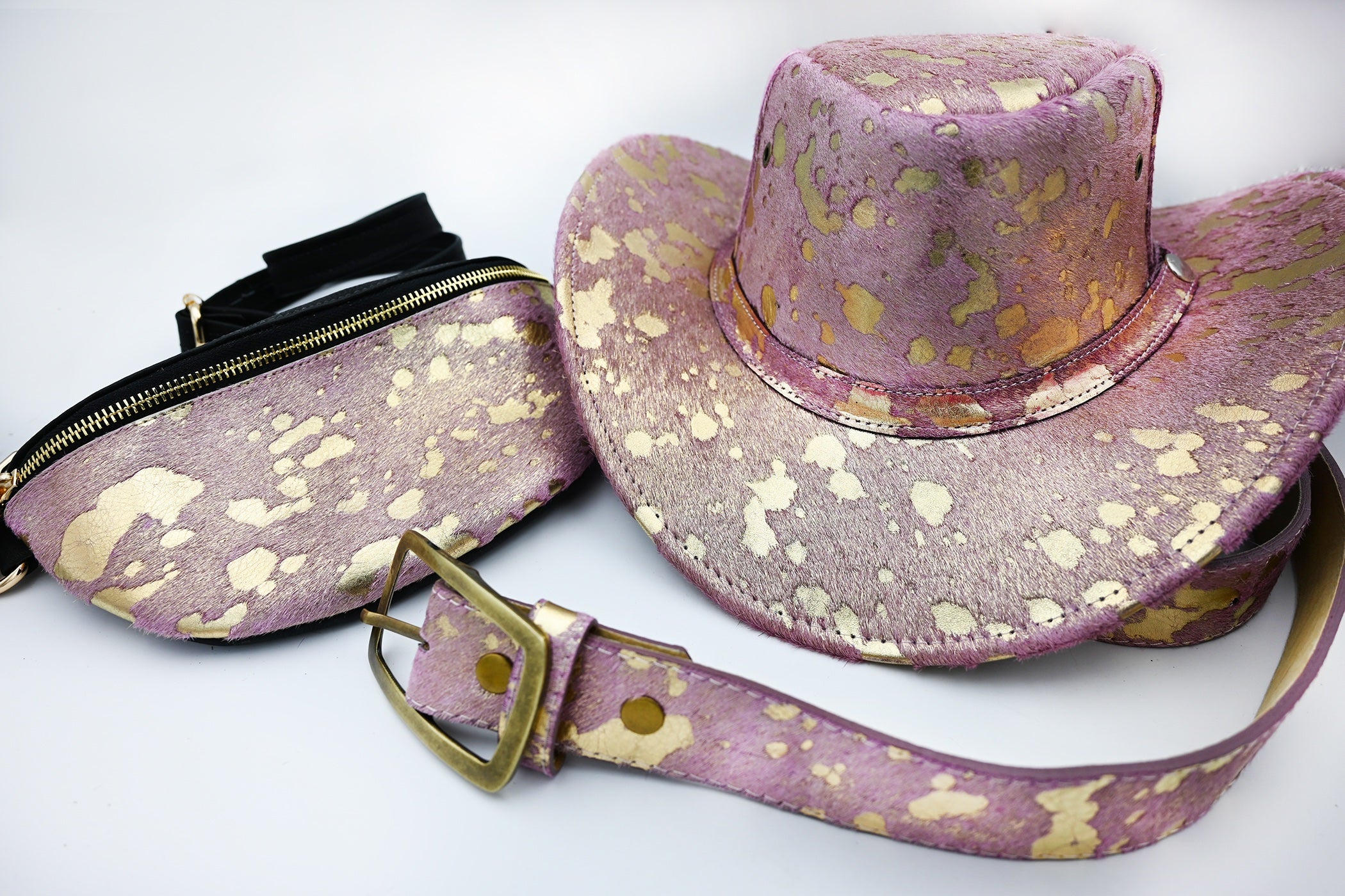 Raspberry and Gold Metallic Cowhide Western Hat