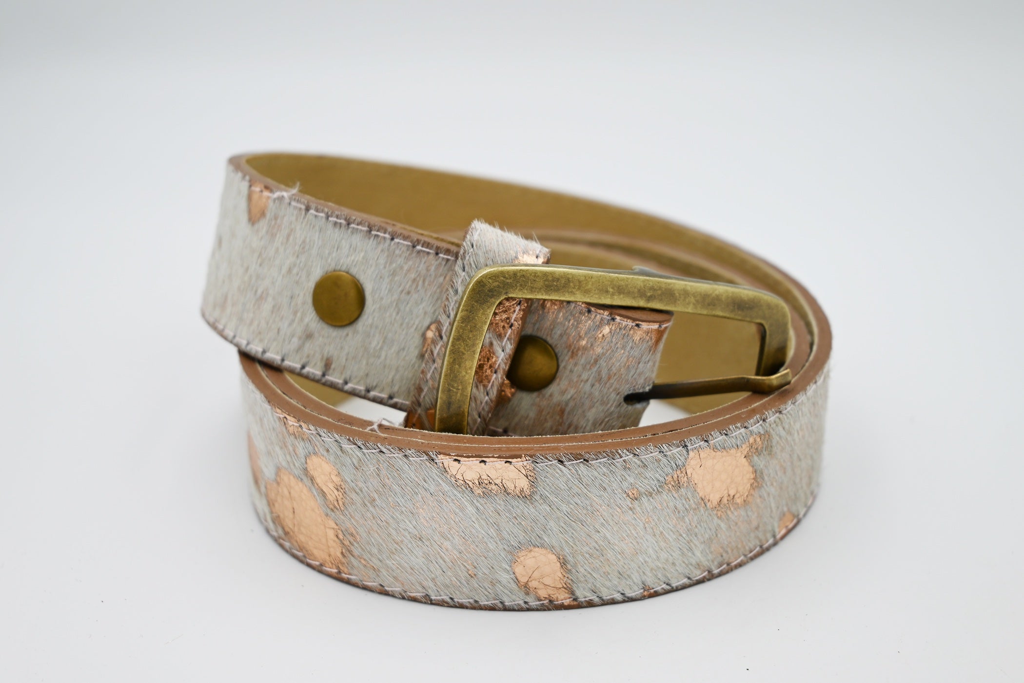 White and Copper Metallic Cowhide Belt