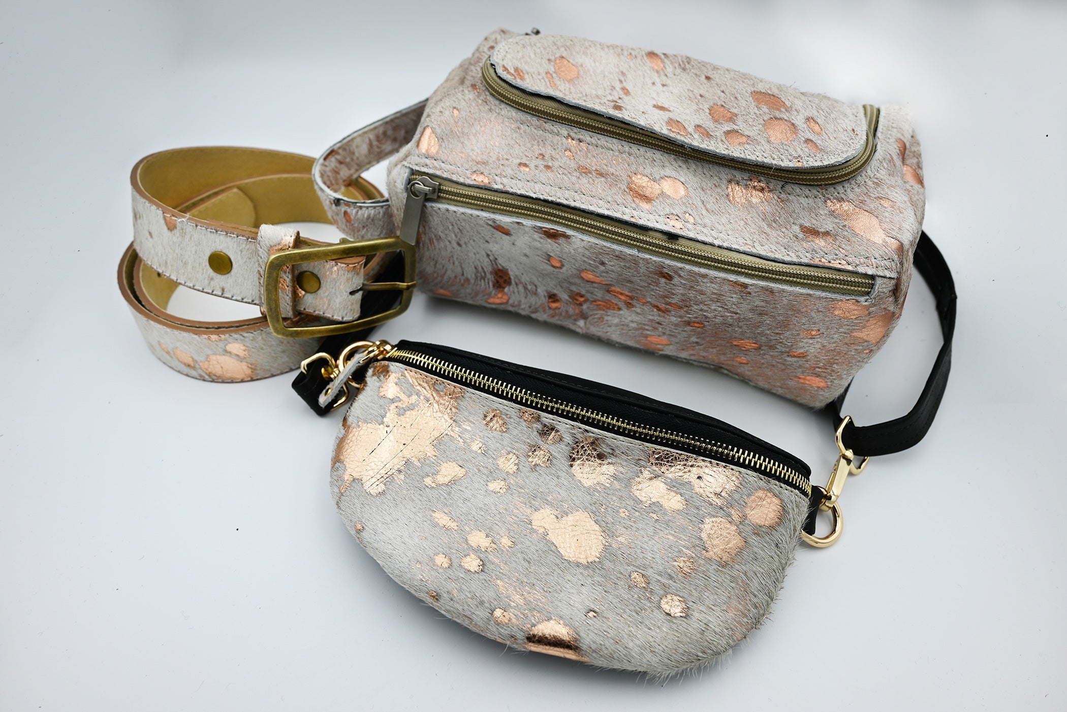 White and Copper Metallic Cowhide Make Up Bag