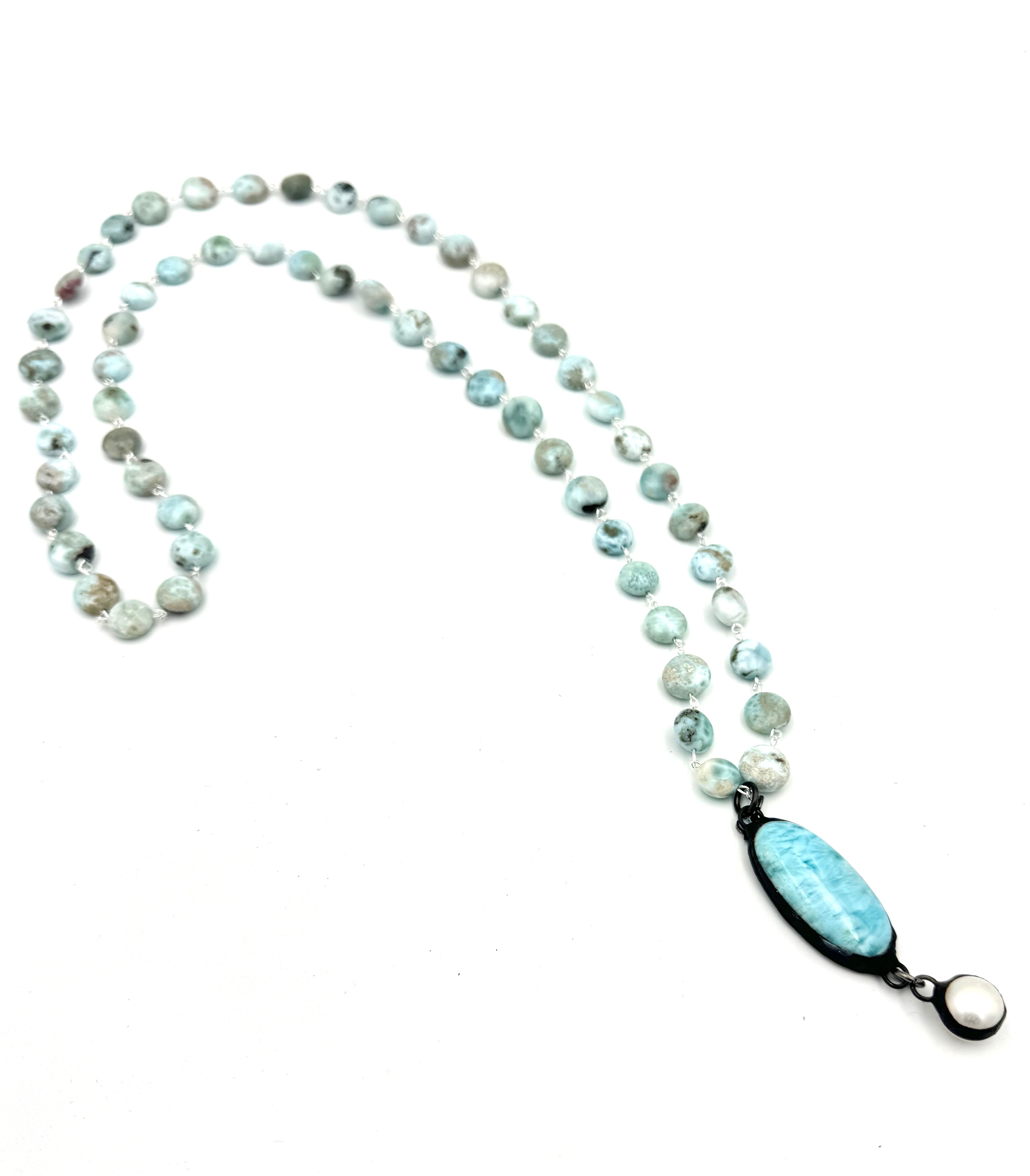 Larimar Necklace with Larimar connector and Pearl drop