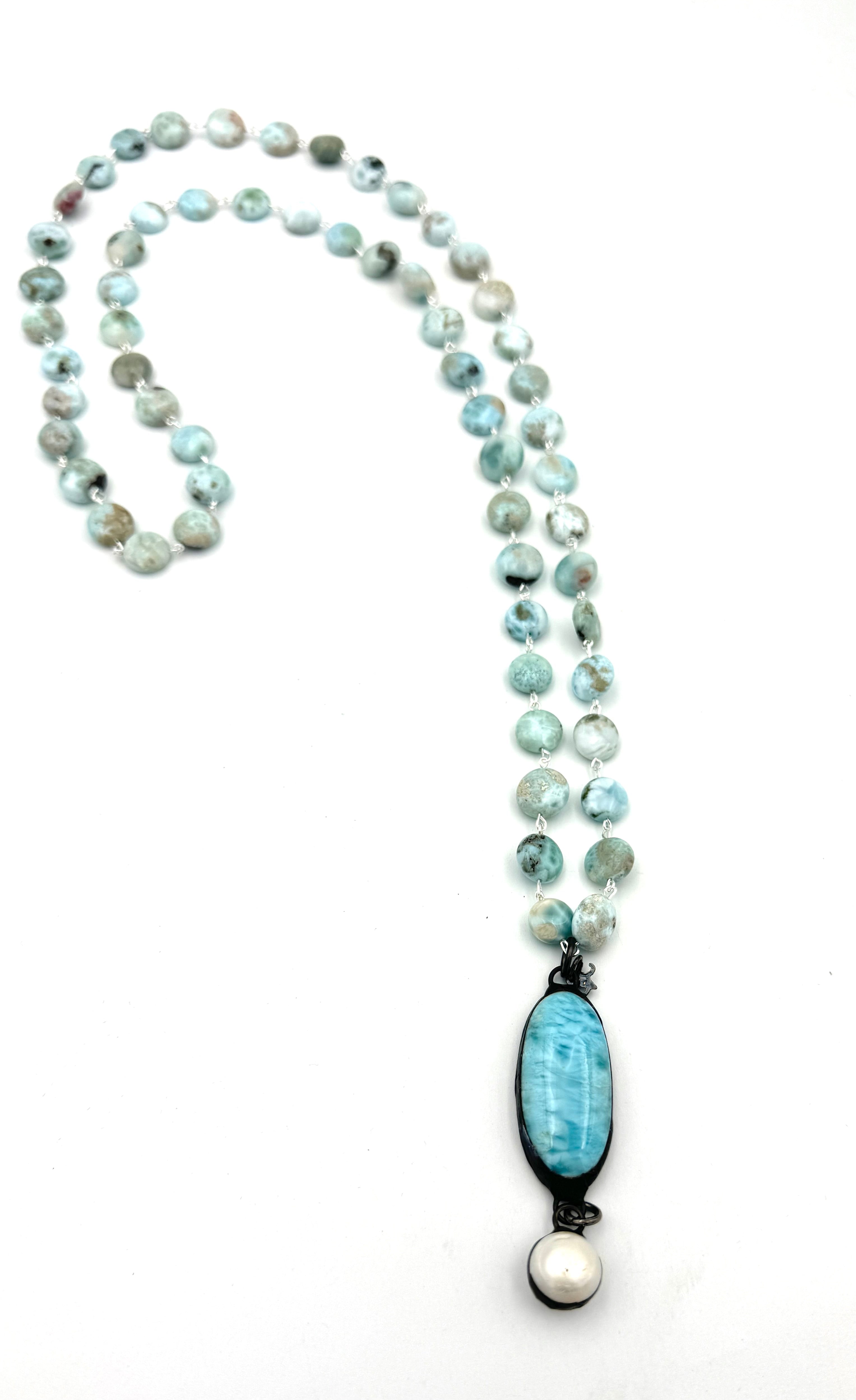 Larimar Necklace with Larimar connector and Pearl drop